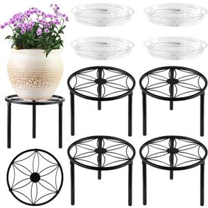4 Pack 9" Metal Plant Stand for Indoor Outdoor Plants, Round Plant Shelf with Clear Catch Water Tray, Heavy Duty Flower Pot Stand Holder, Rustproof Iron Black