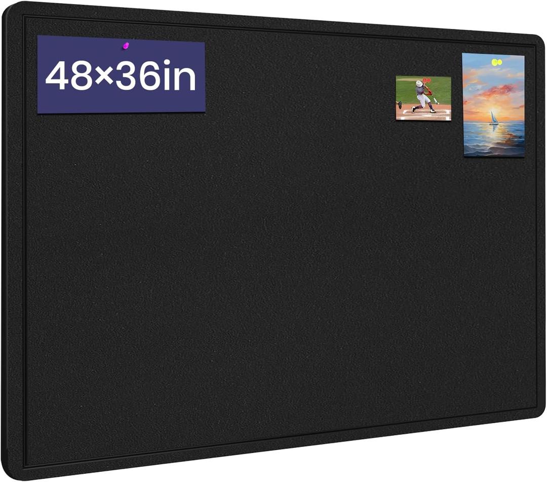 Large Bulletin Board, 48 X 36 inches Felt Board Notice Pin Board, 4' x 3'Cork Board Alternative for Wall, Self-Adhesive Vision Board Mood Board Foldable Photo Board with 30 Pushpin (Black)