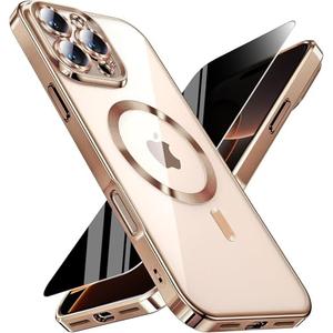 Magnetic for iPhone 16 Pro Max Case with Privacy Screen Protector & Full Camera Cover,[Non-Yellowing] Plating Glossy Soft Shockproof Clear Phone Case with MagSafe Women Girls for 16 ProMax,Desert