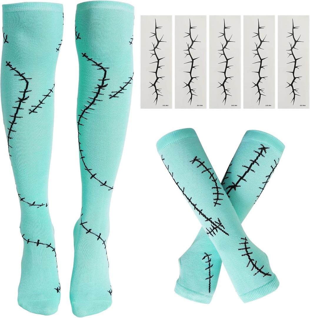 Scar Arm Sleeves and High Thigh Socks with 5Pcs Scars Tattoo Stickers Women Costume Accessories (Light Blue)