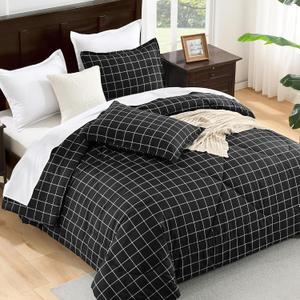 Andency Black Grid Comforter Set Queen Size (90x90 Inch), 3 Pieces(1 Grid Comforter and 2 Pillowcases), Summer Lightweight Microfiber Down Alternative Black Comforter with White Lines