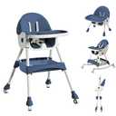 High Chairs for Babies and Toddlers, 4 in 1 Convertible Baby High Chair, Portable High Chair for Travel with Adjustable Height and Back, Foldable HighChair with Wheels& Pu Cushion (Navy Blue)