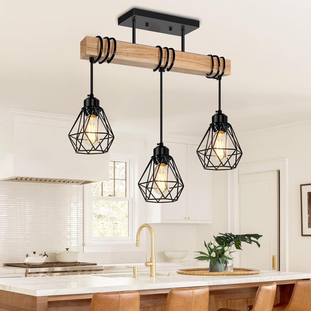 3-Lights Farmhouse Dining Room Pendant Light Fixtures Over Table, Rustic Solid Wood Kitchen Island Lighting Hanging with Metal Shades, Modern Black Ceiling Pendant Lamp for Living Room Hallway