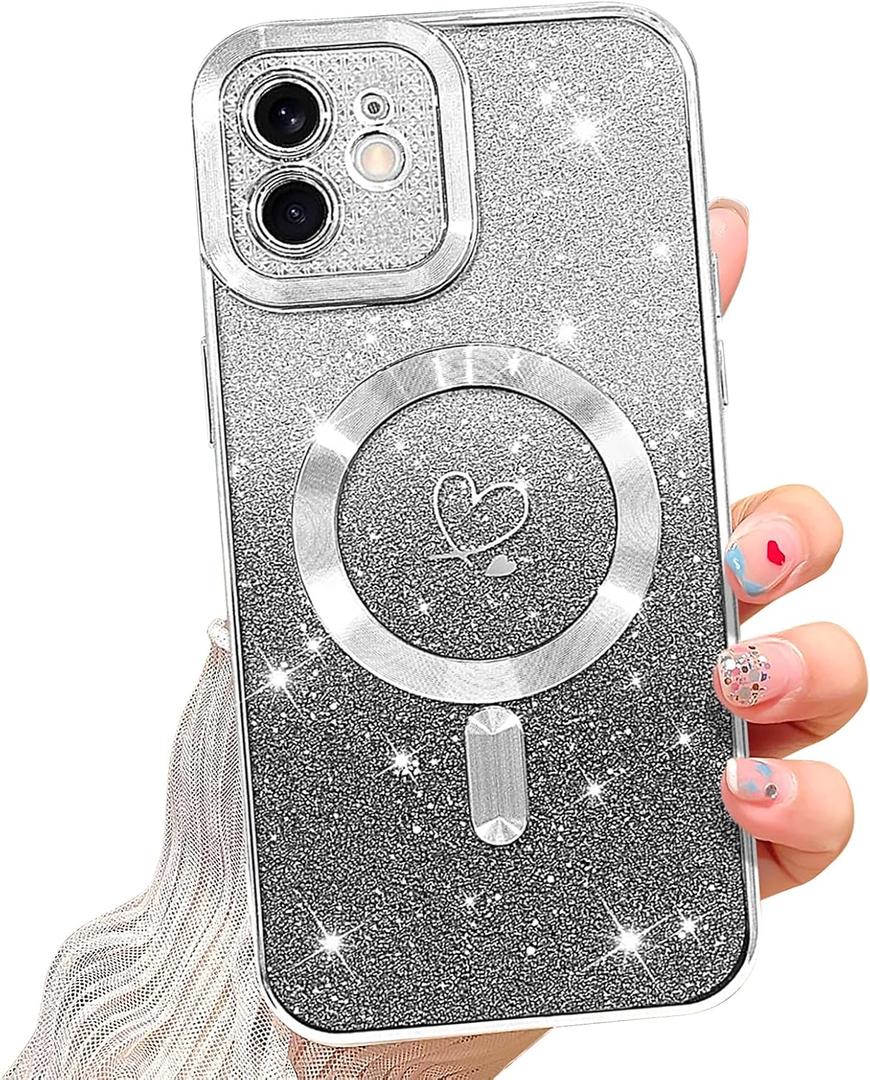 NITITOP Compatible with iPhone 12 Case Cute Clear Glitter [Compatible for MagSafe] Sparkle Bling Magnetic Plating Heart Girl Women Electroplated Frame Camera Protection Back Cover - Silver