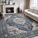 AMOAMI-Area Rug 9X12 Rugs for Living Room-Vintage Soft Blue Rugs for Bedroom-Non Slip Carpet-Washable Rug for Dining Room Living Room Bedroom Office Under Table