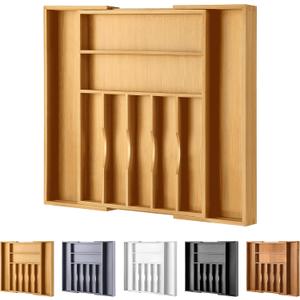 oridom Large Premium Bamboo Silverware Organizer - Expandable Drawer Organizer & Utensil Organizer - 17"x19.7" Cutlery Tray with Dividers for Kitchen Utensils and Flatware (7-9 Slots) (Natural)