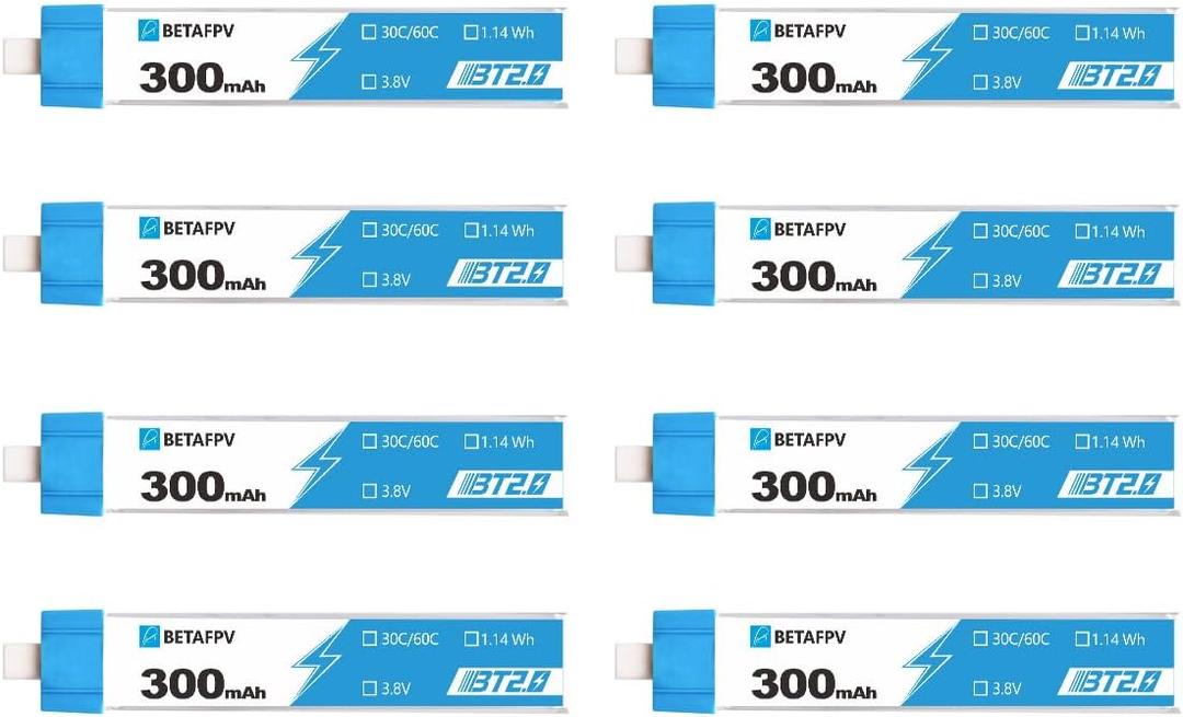 BETAFPV 8pcs BT2.0 300mAh 1S Battery 3.8V 30C/60C Lipo with 1.0mm Banana Connector for Tiny Whoop Brushless Whoop Drone Like Cetus Kit Air65 Brushless Drone