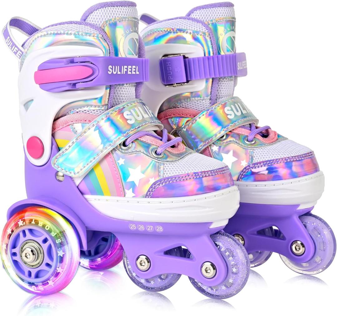 SULIFEEL Rainbow Unicorn 4 Size Adjustable Light up Roller Skates for Girls Boys for Kids (X-Small - Toddler, Z Toddler Purple)