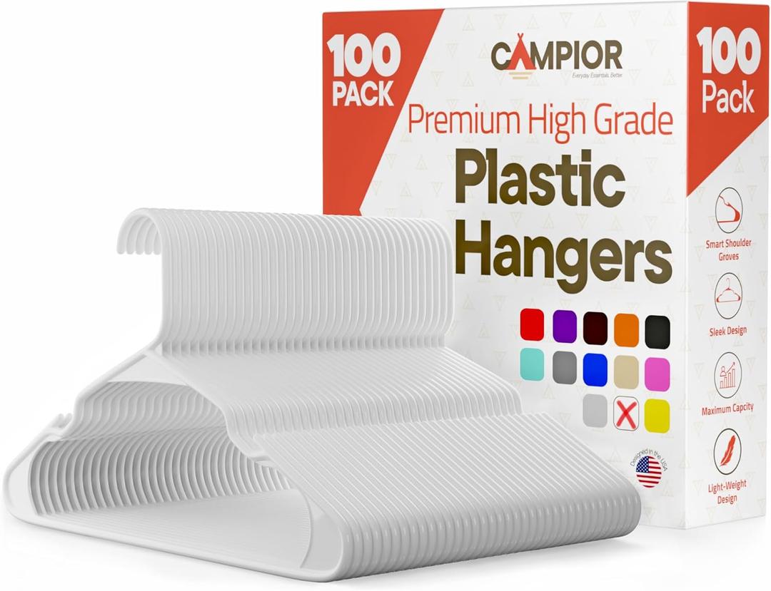White Plastic Hangers 100 Pack Heavy-Duty Plastic Hangers Slim and Space-Saving, Durable and Lightweight PP with Non-Slip Shoulder Notches for Slip Dresses, Suits, Jackets & Camisoles
