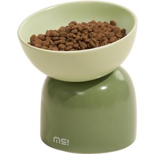 Elevated Cat Food Bowl, Ceramic Cat Bowls for Food and Water, Cat Bowls Whisker Friendly, Lead & Cadmium Free, 15Tilted Non-Slip Anti Vomiting for Cats and Puppy Green