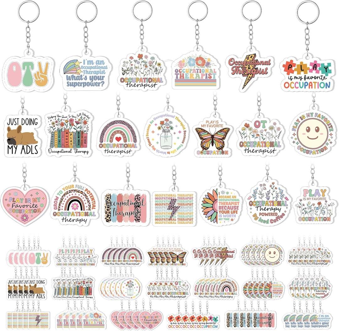 100 Pcs Occupational Therapy Keychains Bulk, 20 Styles Acrylic Occupational Therapy Graduation Gifts Keyring, Back to School OT Gifts for School Therapist Teacher Office Coworkers Staff