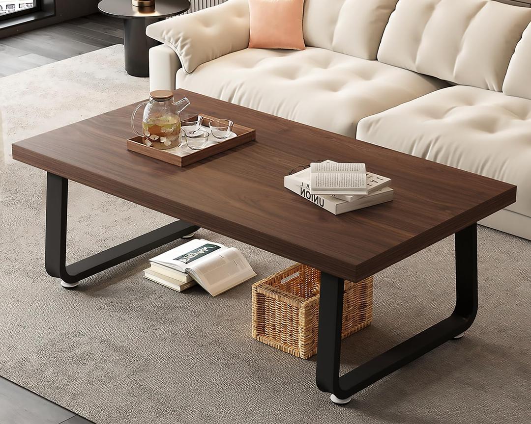 HSH Rustic Walnut Coffee Table, Modern Center Table, Rectangle Industrial Living Room Coffee Table, Simple Farmhouse Wood and Metal Tea Table for Home Bedroom Office, Walnut, 47 in