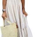 ebossy Women's Fashion Plaid Dress Sleeveless Smocked Ruffle Pleated Boho Party Beach Gingham Maxi Dresses, Small