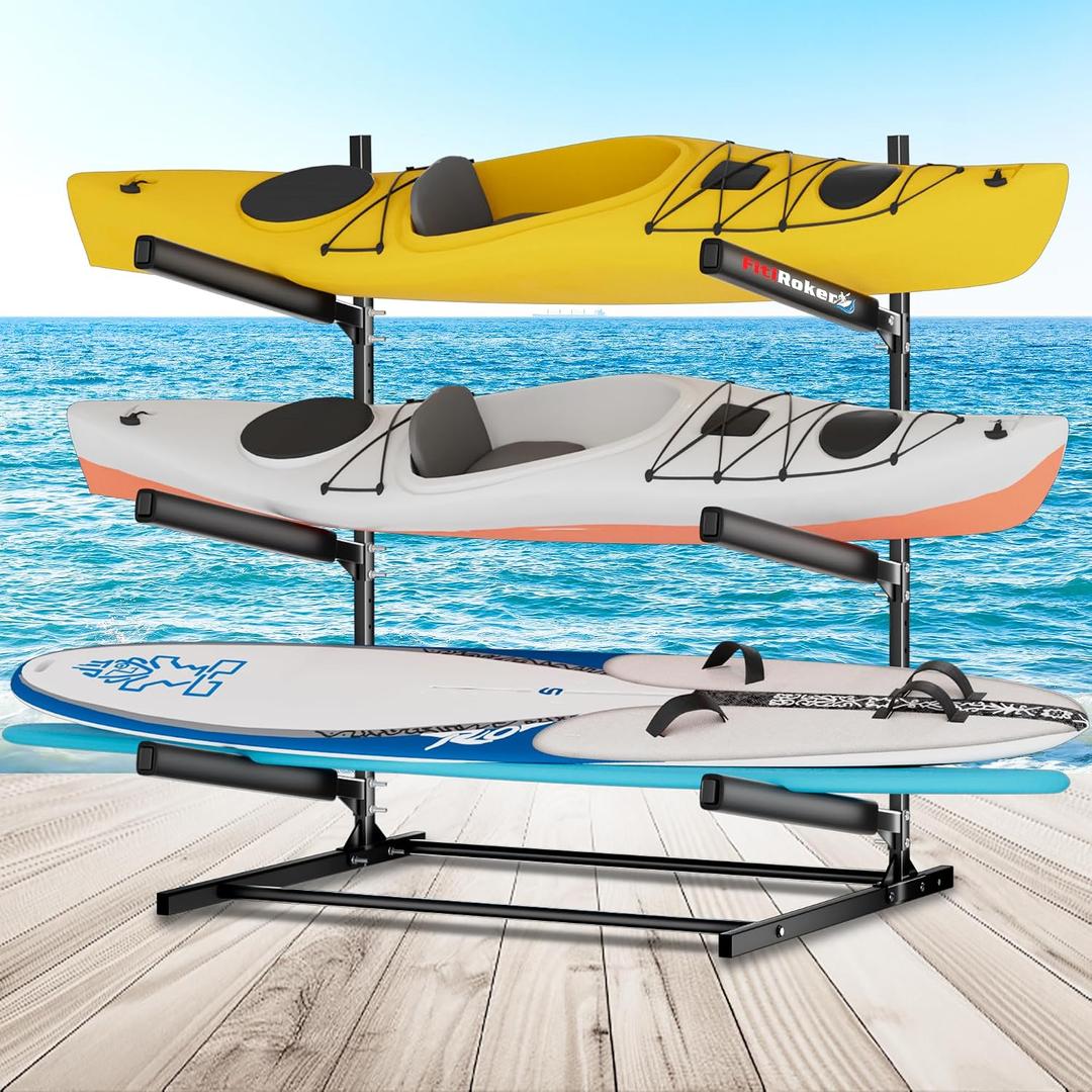 Kayak Storage Rack, Heavy Duty Freestanding Kayak Stand for 3 Kayaks, Adjustable Canoe and Paddleboard Holder for Indoor Outdoor Garage Storage, Assembly Required, 3-Tier