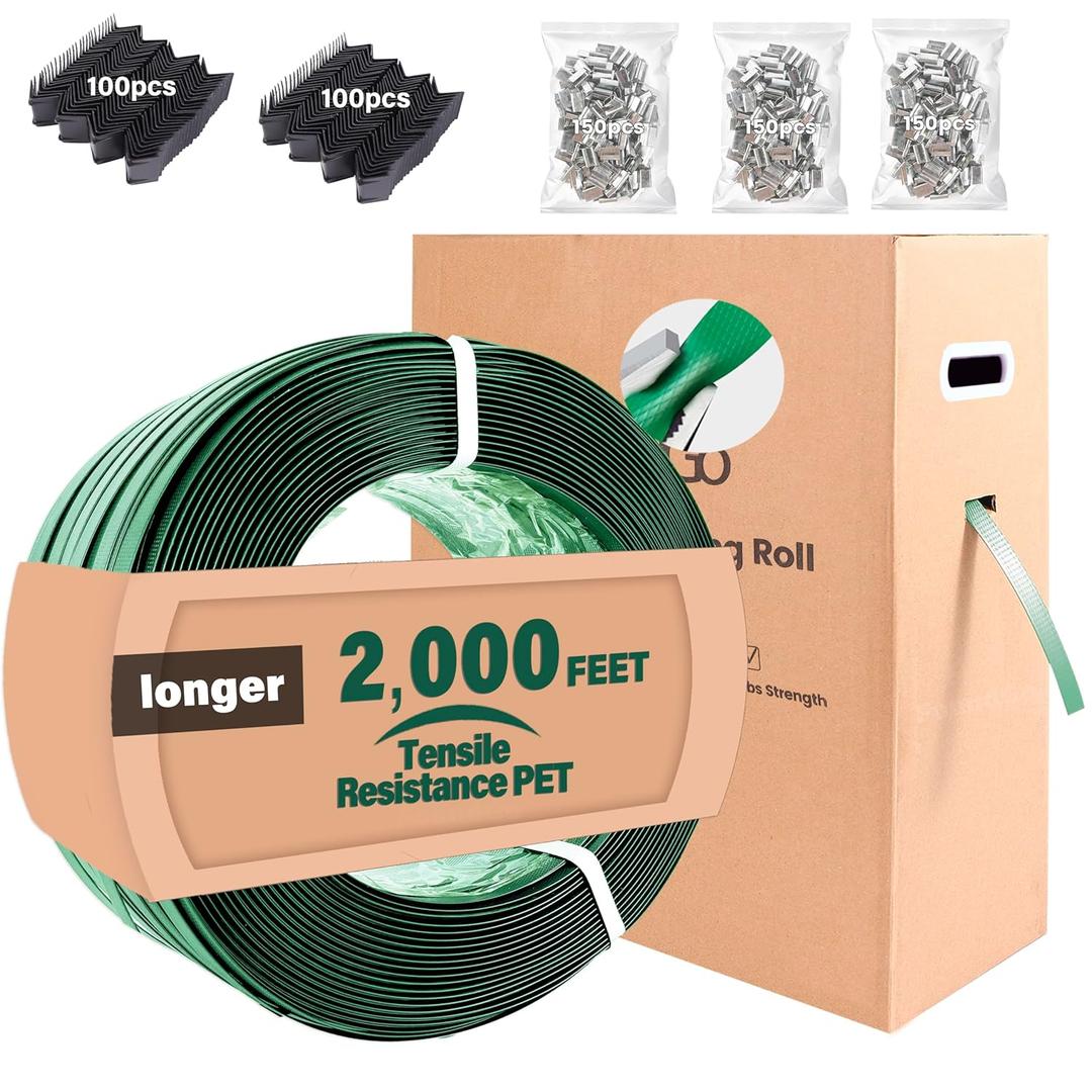 FoundGo 2000ft 5/8" 0.035" Green Polyester (PET) Strapping Roll Industrial-Grade1500lbs Break Strength Tough Waterproof Embossed and Rustproof with Pull-Out Box,200 Corner Protectors,450 Seals-Green
