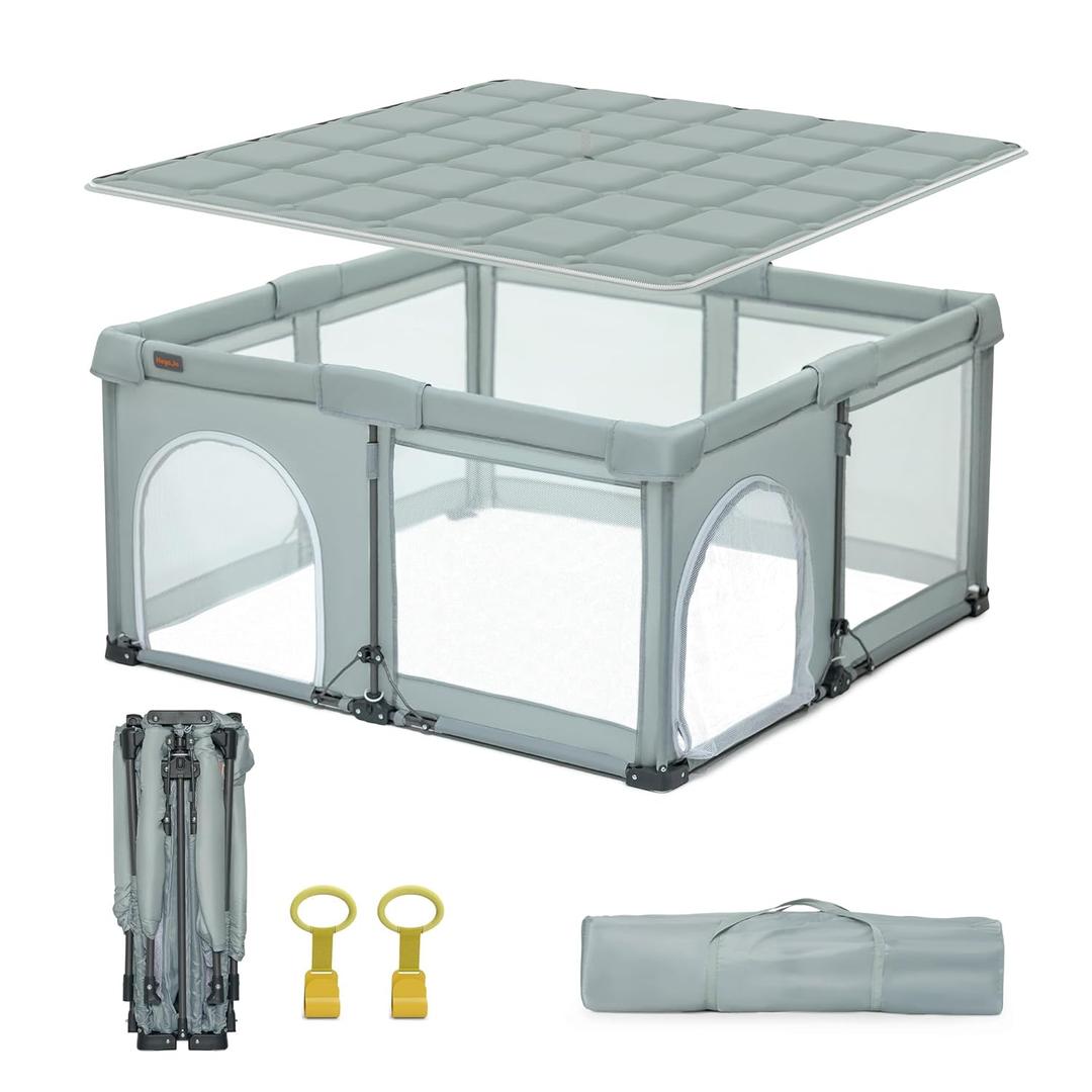 Foldable Playpen with Detachable Thicken Mat,59x71 Inches Portable Playpen,Collapsible Play Pen for Babies and Toddlers,Indoor & Outdoor Baby Fence Play Area,Cold Gray