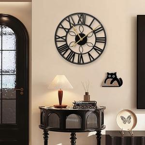 Large Wall Clock for Living Room Decorative 13.78 in Round Silent Vintage Industrial Black Metal Big Roman Numeral Wall Clocks for Kitchen,Bedroom Home Decor