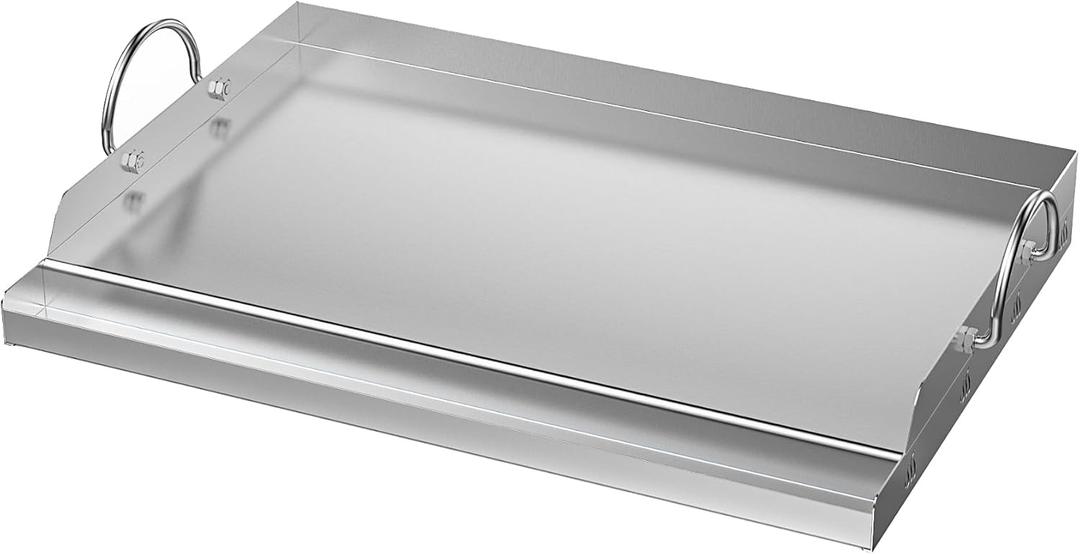 only fire Universal Stainless Steel Cooking Griddle, Flat Top Plate Insert with Grease Groove and Handles for Gas and Charcoal Grills, Tailgating, Camping and Parties, 23" x 16"