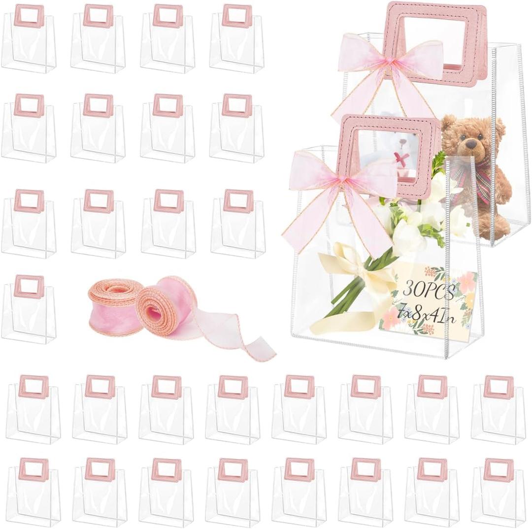 30Pcs Clear Gift Bags with Handles, Transparent PVC Gift Bag with Ribbon, Reusable Plastic Shopping Bags, Heavy Duty Gift Wrap Bags for Bridal Party Baby Shower Wedding Birthday (7x8x4In-Medium)