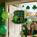 3 x St Patrick's Day Front Door Sign Wooden Lucky Shamrock Hat Plaque Wreath Ornament 12"Wooden Buffalo Plaid Green Tinsel Irish Hanging Welcome Board Spring Home Wall Green Decoration