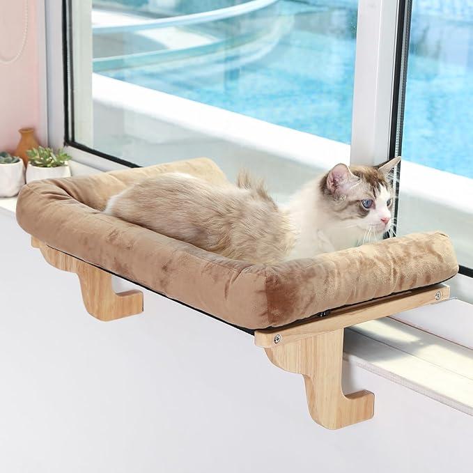 Zakkart Cat Perch for Window Sill with Bolster - Orthopedic Hammock Design with Premium Hardwood & Robust Metal Frame - Cat Window Seat for Large Cats and Kittens - Natural Color Wood with Brown Bed