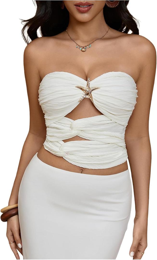 Milumia Women's Starfish Cut Out Strapless Tube Tops Summer Going Out Top (White, XS)