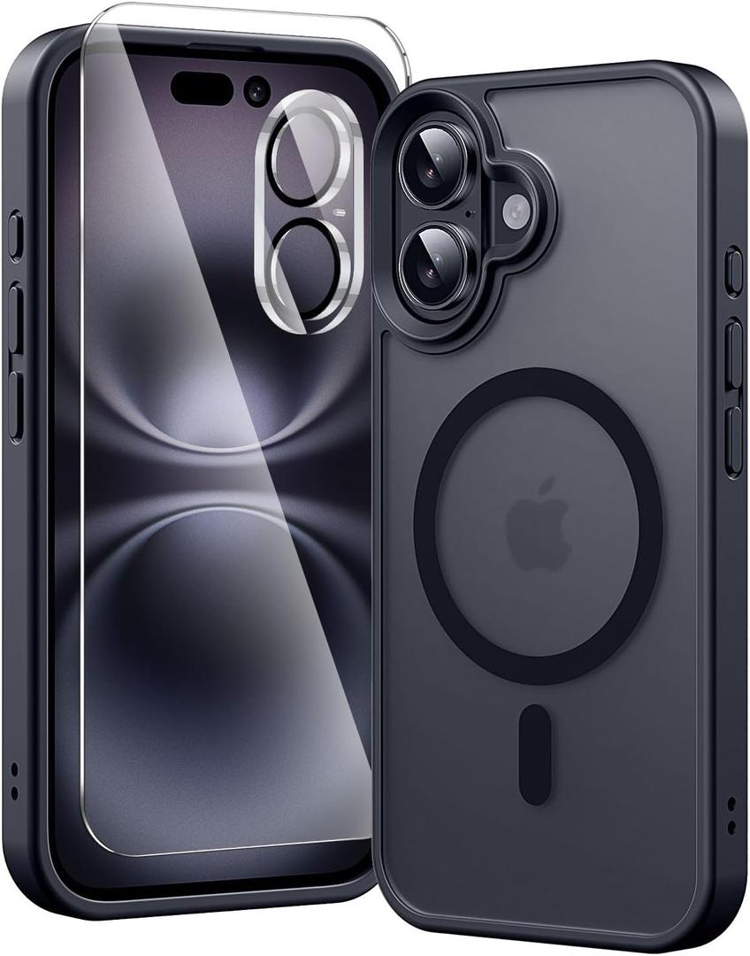 3 in 1 for iPhone 16 Case with MagSafe, Screen Protector*1 Camera Lens Protector*1,Matte Skin Feeling Back Cover Military-Grade Protection for iPhone 16 Phone Case 6.1 inch Matte Black
