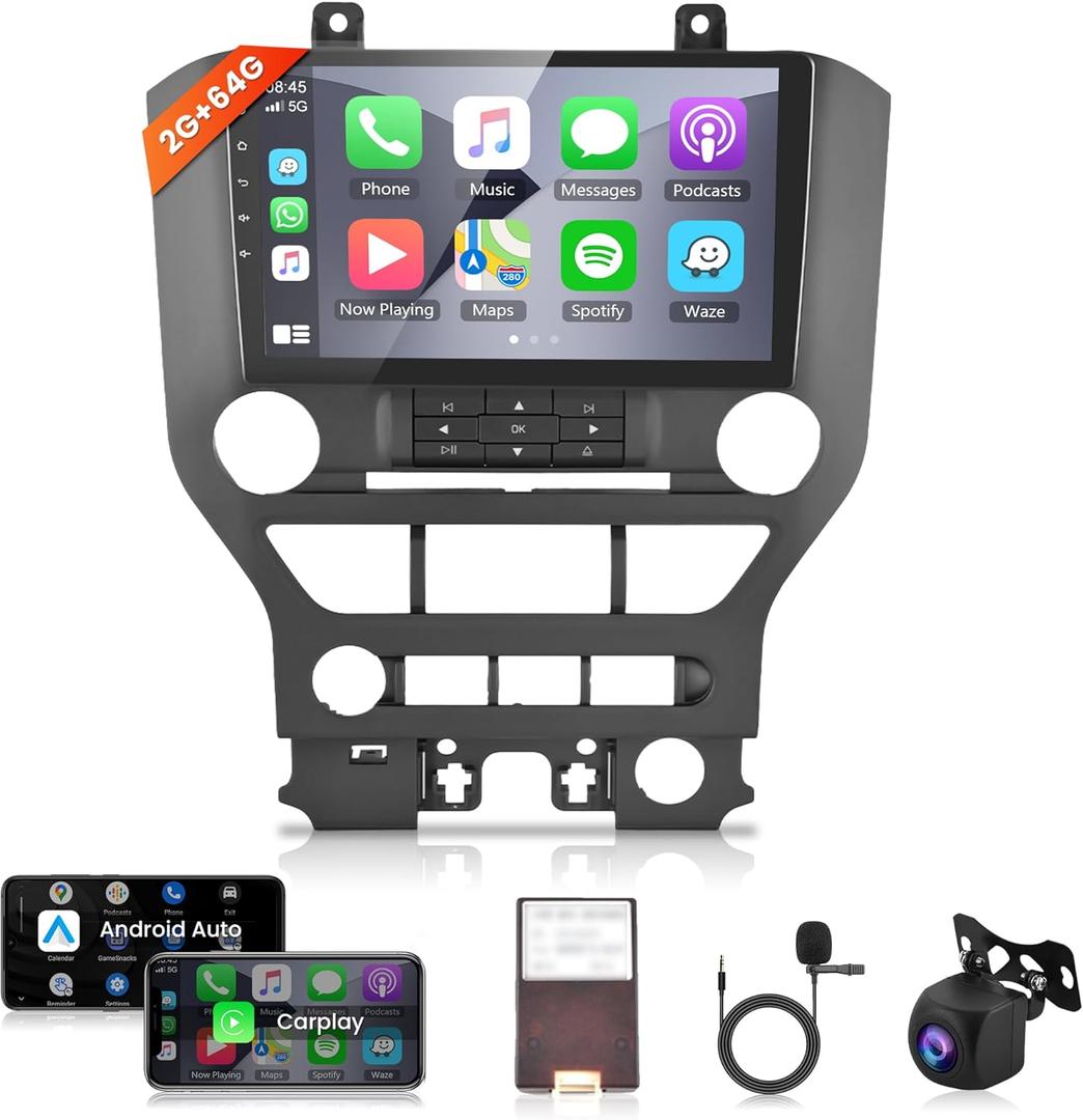2+64G Android Car Radio Stereo for Ford Mustang 2015 2016 2017 2018 2019 2020 Wireless Carplay Android Auto, 9 Touch Screen Head Unit Bluetooth GPS Mirror Link WiFi FM/RDS EQ AHD Backup Camera SWC