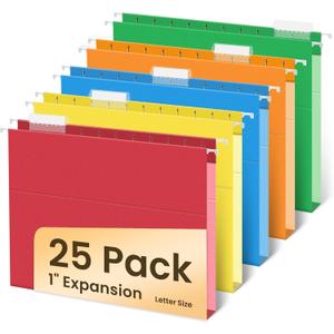 SUNEE Hanging File Folders Extra Capacity Assorted Colors, 25 Pack Letter Size File Folders with 1/5-cut Tabs, Heavy Duty 1 Inch Expansion, Stay Organized for Your Home and Office Bulk File