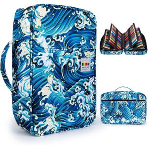 YOUSHARES 300 Slots Color Pencil Case - Pen Case Organizer with Handy Wrap & Zipper, Multilayer Holder for Prismacolor Colored Pencils & Gel Pen (Waves)