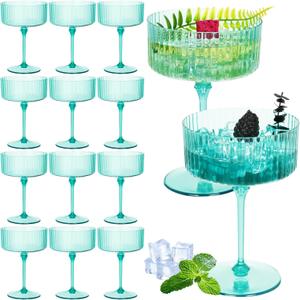 Jingmore 12 Pcs Ribbed Martini Glasses 10 oz Disposable Plastic Vintage Ribbed Coupe Glasses Unbreakable Dessert Parfait Glassware for Wedding Birthday Party Supplies (Light Green)
