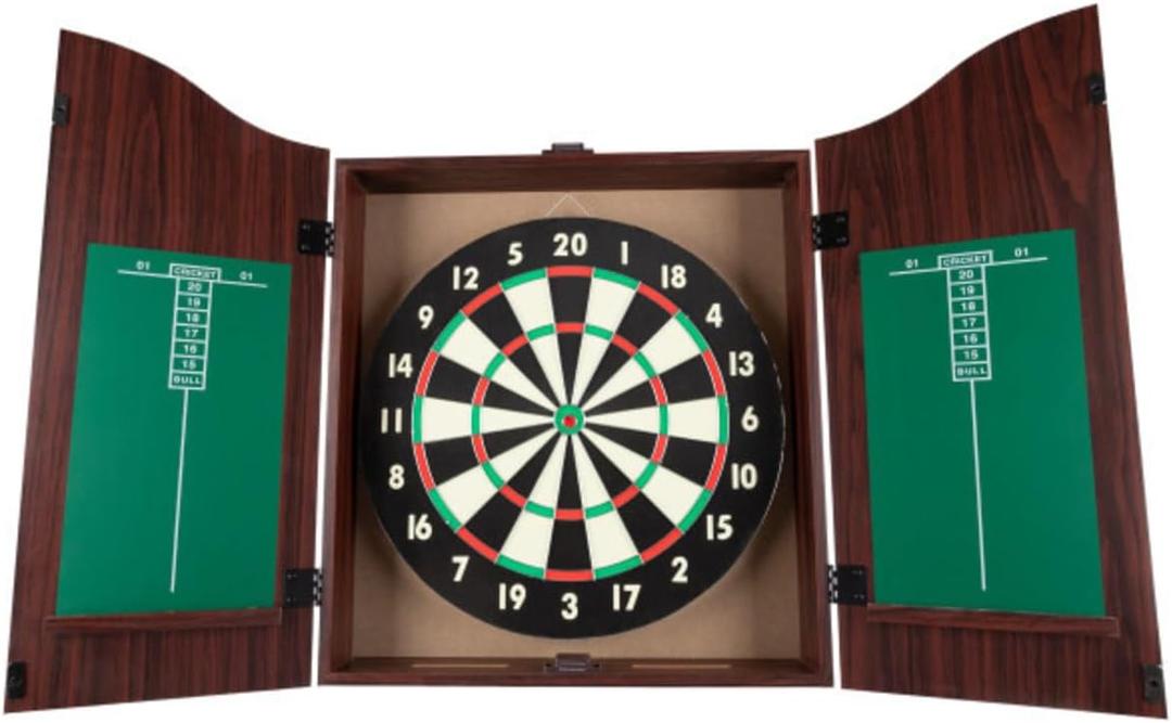 Dart Board Cabinet Set with 18-inch Dartboard, 6 Steel-Tip Darts, and Chalkboard Scoring for Game Rooms, Man Caves, and Home Bars by Trademark Poker
