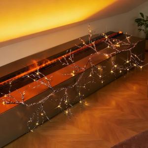 Fudios Lighted Iced Garland with Timer 48 LED Fairy Lights 6ft Battery or USB Plug for Mantle Decor, Lit Christmas Brown Twig Garland Winter Home Holiday Indoor Use