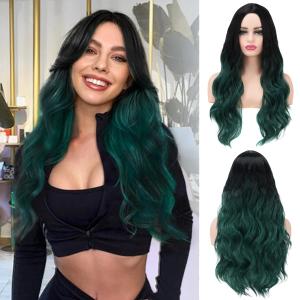 Black and Green Wig for Women Long Curly Wavy Ombres Dark GreenWig Middle Part Natural Looking Wig for Daily Party Use,  A-Black Green