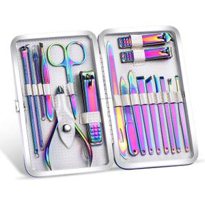 2024 Rainbow Manicure Kits 18 Pcs Nail Clippers for Women Gift SFYDOM Women's Rainbow Leather Manicure Set (18-RainbowManicure Kits)