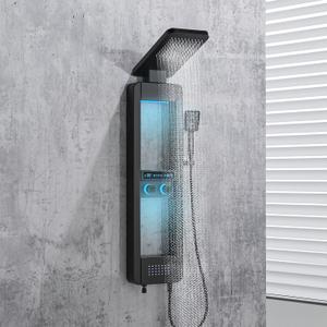 ELLO&ALLO LED Shower Panel Tower System with Shelf, Rainfall Shower Head and Rain Massage System with Body Jets, Stainless Steel Bathroom Fixtures, Matte Black
