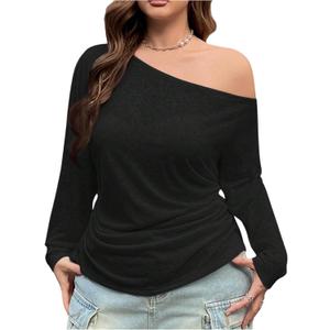 Milumia Women's Plus Size Off The Shoulder Ruched Top Asymmetrical Long Sleeve Loose T Shirts (3X-Large Plus, Black)