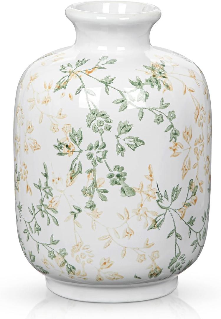 Hollyone Green and White Porcelain Vase Large Chinoiserie Floral Vintage Tall Green Ceramic Vases for Home Mantle Shelf Living Room Table Centerpieces Decor, 7.3 Inch