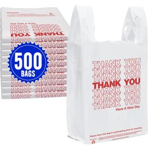 Fuxury 500 Count - Thank You Plastic T-shirt Bags White with Handles (11.5" x 6.5" x 21"), Grocery, Take Out, To Go, Restaurants, Convenience Store,Retail Shopping Bags in Bulk for Small Business