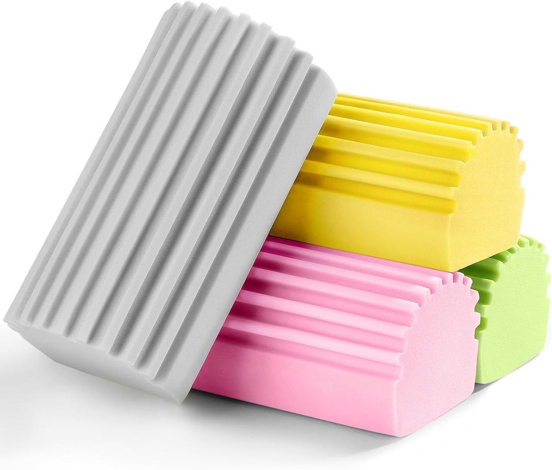 Jeymei 4-Pack Damp Clean Duster Sponge,Reusable Magic Dusting Sponge Brush for Cleaning Blinds, Glass, Baseboards,Vents,Railings,Mirrors,Window Track Grooves and Faucets (Grey,Yellow,Pink,Green)