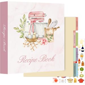 Lanpn Recipe Binder 8.5x11 3 Ring Kit, Waterproof Recipe Book Blank Organizer Recipe Binder to Write in Your Own Recipes with 60 Plastic Sleeves,116 Recipes, Dividers,Labels & Stickers, Pink