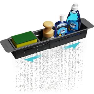 NiHome Extendable Over Sink Kitchen Organizer, Small Telescopic Brush Storage Rack for Sponge, Non-Slip Pads Expandable Sink Caddy, Adjustable Sponge/Brush Rack with Drainage Durable ABS (Black)