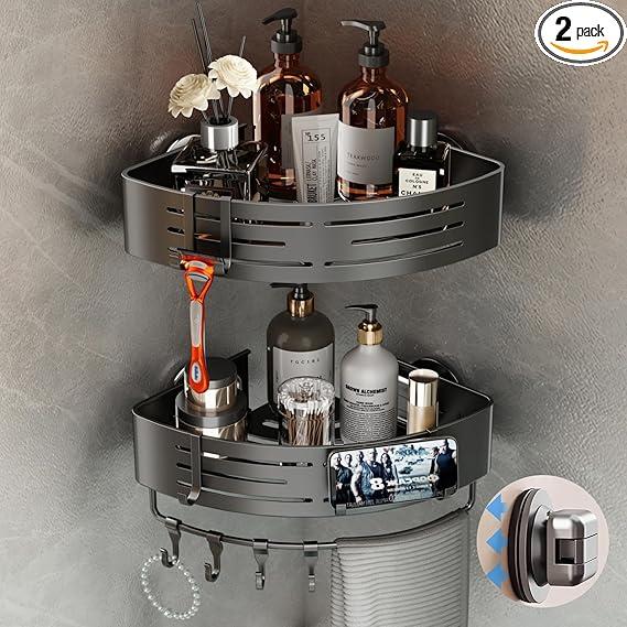 Voldra Corner Shower Caddy Suction Cup, 2 Pack Corner Shower Shelves No Drilling, Aluminum Upgrade Suction Cup Shower Organizer with Towel Bar & Hooks Removable Bathroom Storage Rack (Gray)