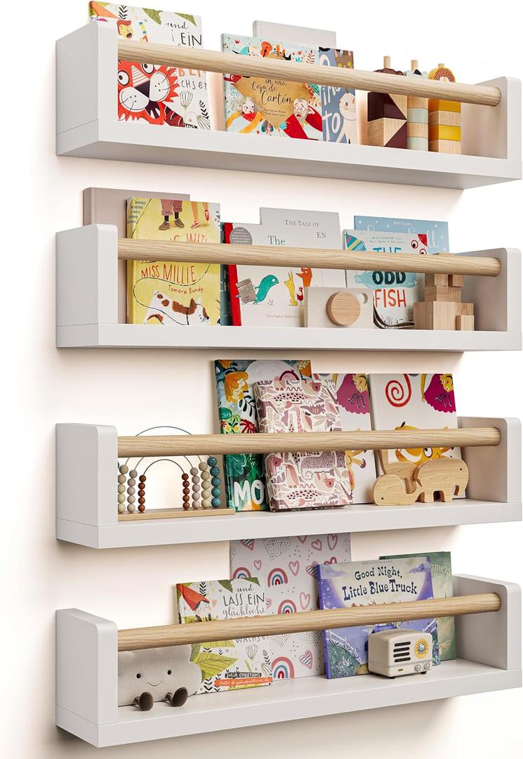 Seocry Nursery Book Shelves, 4 Pack, Wall Book Shelves for Kids Room, Baby, Toddler, Nursery Decor (White Wood, 16.5 Inches)