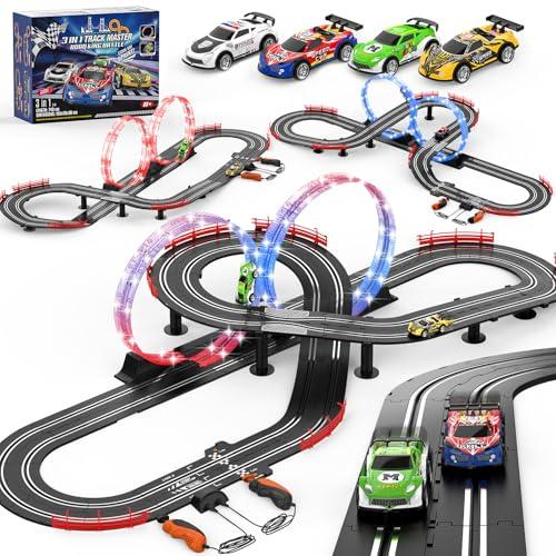 3 IN 1 Slot Car Race Track Sets with 4 High Speed Slot Cars, Electric Race Car Track Include Circular Overpass Flash Tracks, 1:43 Remote Control Track Car Game Toys Gifts for Adults Boys Ages 6 7 8-12