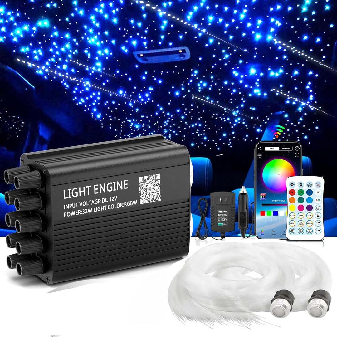 Dual Port 32W Twinkle Meteor 2 in 1 Starlight Headliner Light Kit with 1200pcs 9.8ft Fiber Optical Cable RGBW Light Source Sound Activated APP/Remote Control for Car/Home/Party