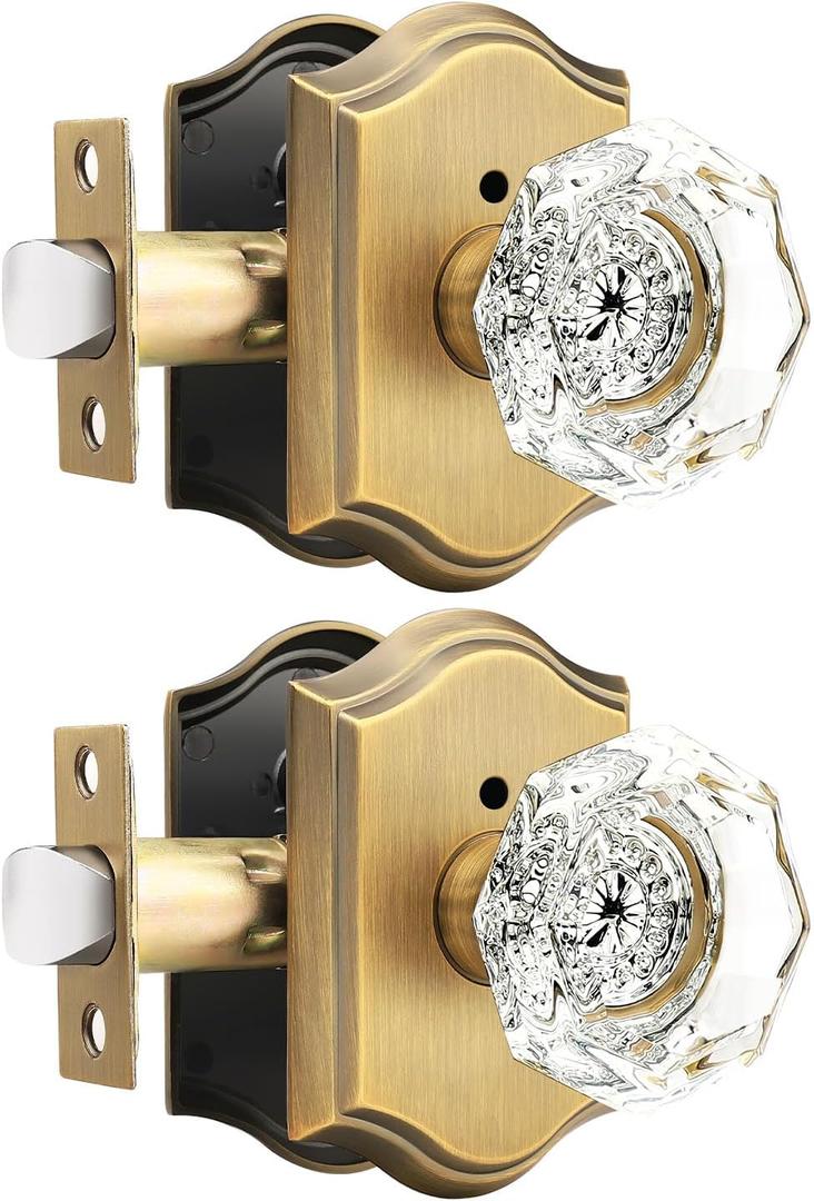 Gobrico Privacy Door Lock Sets Crystal Knobs Heavy Duty Door Hardware,Keyless Bath/Bed Door Knobset with Lock Inside,Push Pin Button,Antique Brass Arched Rosette,2 Pack