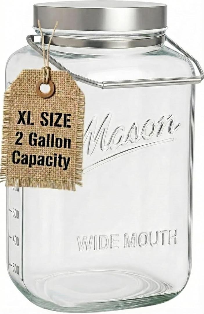 kitchentoolz Large 2 Gallon Glass Mason Jar with Big Airtight Metal Lid and Carry Handle  Wide Mouth Square Container with Measurements for Dry Goods, Bulk Storage, and Food Prep (Pack of 1)