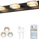 Megastar Rechargeable Battery Operated Vanity Light, Remote Control, 3CCT, 60W Equivalent Acrylic Matte Black Bathroom Vanity Lights Over Mirror, 3 Lights,Non-Hardwired/Power Outage,21.6Inch