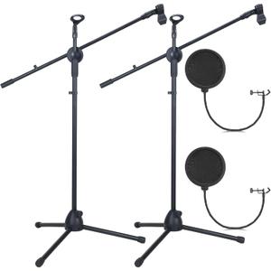 Sherr 2 Pcs Tripod Microphone Stand Adjustable Boom Height Mic Stand with Mic Clip and Windscreen for Live Stream, Singing, Stage Performance, Studio, Max Height 60 Inch